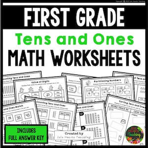 May include: Black and white printable worksheets for first grade math. The worksheets focus on tens and ones. The worksheets include counting tens and ones, value of digits, partitioning numbers, and sorting tens and ones. The worksheets include an answer key.