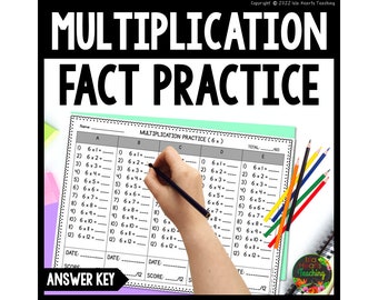 May include: A black and white worksheet with the title "Multiplication Fact Practice (6 x)". The worksheet has five columns labeled "A", "B", "C", "D", and "E". Each column has 12 rows with multiplication problems involving the number 6. The worksheet also includes a section for the student's name, date, and score.