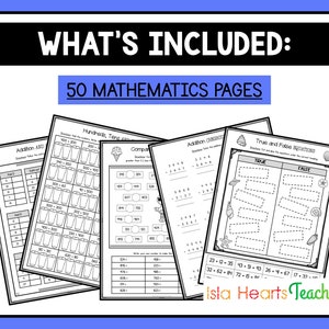 May include: A set of 50 printable maths worksheets for children. The worksheets feature a variety of maths concepts, including addition, subtraction, comparing numbers, and true/false equations. The worksheets are designed to be fun and engaging for children, with a beach theme.