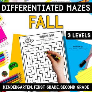 May include: An educational resource with differentiated mazes for autumn. The image shows a maze worksheet with the text "Vivian's Maze", a hand with a crayon, and the words "Kindergarten, First Grade, Second Grade". The resource offers 3 levels.