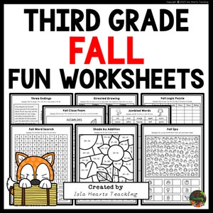 May include: A set of black and white printable worksheets for third grade students featuring autumn-themed activities such as word searches, logic puzzles, and drawing. The worksheets are titled "Third Grade Fall Fun Worksheets" and are created by Isla Hearts Teaching.