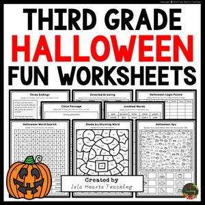 May include: A set of printable Halloween-themed worksheets for third grade students. The worksheets include activities such as word searches, logic puzzles, and drawing.