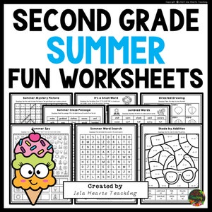 Op de afbeelding: Een set zwart-witte werkbladen voor groep twee, getiteld "Summer Fun Worksheets". Activiteiten zijn onder meer een zomer-mysterieprent, een woordzoeker en geleid tekenen. Een ijsje staat in de linker benedenhoek.