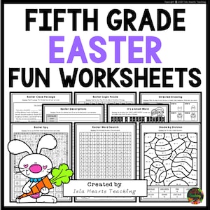May include: A set of printable Easter-themed worksheets for fifth grade students. The worksheets include activities such as a word search, logic puzzle, close passage, spy game, directed drawing, and a shade by division activity.