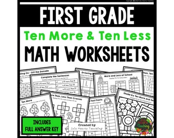 Hojas de trabajo de diez más y diez menos para niños l Sumar 10 Restar 10 Tarea de matemáticas l Práctica de matemáticas de educación en el hogar 1.er grado 2.º grado Primero Segundo