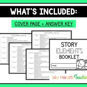 May include: Black and white printable story elements booklet with a cover page and answer key. The cover page features a cartoon girl with a thought bubble and the text "Story Elements Booklet".