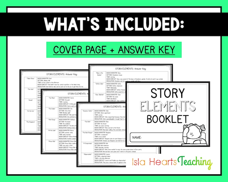 May include: Black and white printable story elements booklet with a cover page and answer key. The cover page features a cartoon girl with a thought bubble and the text "Story Elements Booklet".