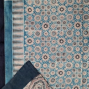 May include: A textile fabric featuring a repeating geometric pattern in shades of blue, cream, and dark brown. The design includes circular and star-shaped motifs, bordered by striped bands and a corner section with a large, intricate paisley print.