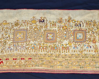 Vintage Rabari Group Embroidered Panel Mid 20th Century Kutch Gujarat India Wonderful Animal and Human Figures