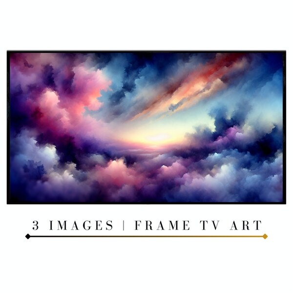 Samsung Frame TV Art - Dreamy Painting of a Colorful Sunset Over Sea - Vibrant Sky, Modern, Dark Clouds, and Powerful Artistry