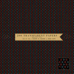 May include: A seamless pattern featuring a repeating design of red and blue triangles and stars on a black background. The text "200 TRANSPARENT PAPERS" is displayed on a brown banner.