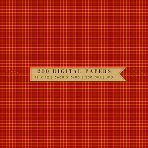 Puede incluir: Papel digital rojo con un patrón de cuadrícula amarilla. El texto "200 DIGITAL PAPERS" está en una pancarta marrón con las dimensiones "12 X 12 | 3600 X 3600 | 300 DPI | JPG".