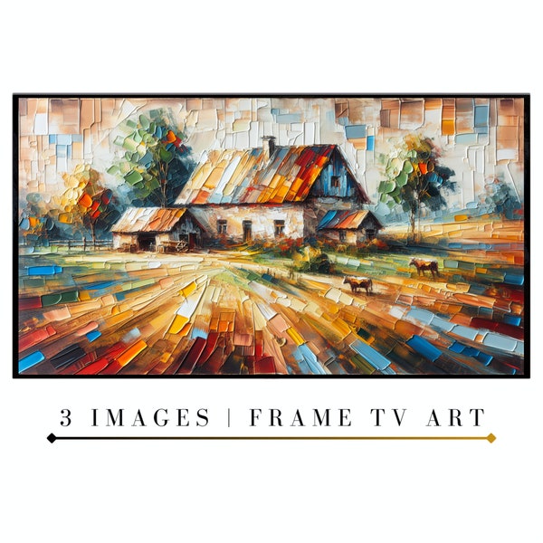 Samsung Frame TV Art - Realistic Style Rural Scene with House, Trees, Flowers, and Mountains - Warm Atmosphere and Whimsical Cow.