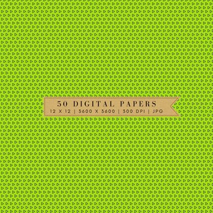 May include: A digital paper pack with 50 seamless patterns featuring a repeating pattern of small black triangles on a bright green background. The text "50 DIGITAL PAPERS" is on a brown banner.