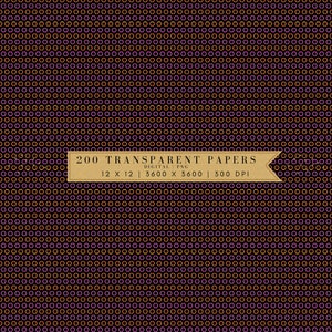 Op de afbeelding: Een naadloos digitaal papierpatroon met een herhalend ontwerp van oranje en paarse cirkels op een zwarte achtergrond. De tekst "200 TRANSPARENT PAPERS DIGITAL PNG 12 X 12 | 3600 X 3600 | 300 DPI" wordt weergegeven op een bruine banner.