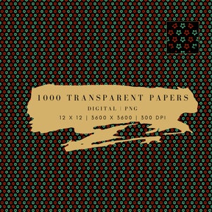 May include: A digital paper pack with a repeating pattern of red and teal stars on a black background. The text "1000 TRANSPARENT PAPERS" is written in a brown brushstroke font. The text "DIGITAL | PNG" is written in a smaller font below the first line of text. The text "12 X 12 | 3600 X 3600 | 300 DPI" is written in a smaller font below the second line of text.