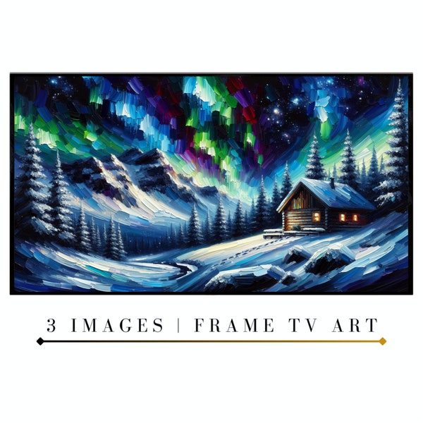 Samsung Frame TV Art Set | Winter Landscape with Colorful Auroras | Snow Mountains | Cozy Cabin by Frozen Lake | Starry Sky | Oil Painting