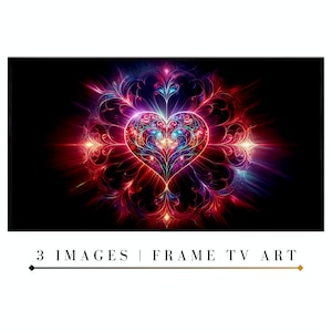 May include: A colorful, ornate heart with intricate details, glowing with red, blue, and purple light against a black background. The heart is surrounded by swirling, floral patterns.