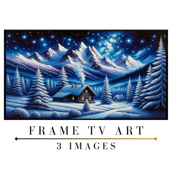 Samsung Frame TV Art Set | Serene Winter Wonderland, Vibrant Colors, Snow-Capped Mountains, Peaceful Forest Cabin, Star-Filled Sky Artwork