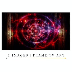 May include: Abstract digital art print featuring a red, purple and white mandala design. The mandala is surrounded by a glowing red and purple aura. The background is black with gold accents.