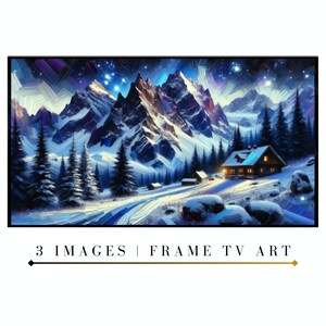 May include: A digital painting of a snowy mountain scene with a cabin in the foreground. The sky is dark blue with white stars and a faint aurora borealis. The mountains are covered in snow and the trees are bare. The cabin is lit up with warm light.