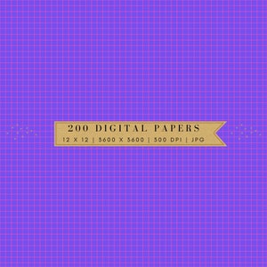 May include: A digital paper pack with 200 designs. The papers are 12 x 12 inches, 3600 x 3600 pixels, 300 DPI, and in JPG format. The background is a grid pattern in purple with pink lines.