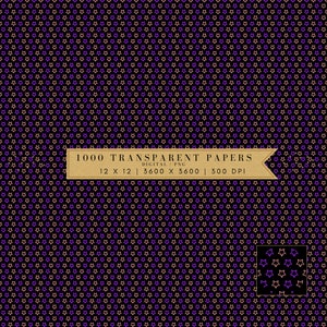Pode incluir: Um padrão sem emendas de estrelas roxas e laranja sobre um fundo preto. O padrão é repetido em toda a imagem. O texto "1000 TRANSPARENT PAPERS" é exibido em uma faixa marrom na parte superior da imagem. O texto "DIGITAL PNG" é exibido em uma faixa marrom menor abaixo da primeira faixa. O texto "12 X 12 | 3600 X 3600 | 300 DPI" é exibido em uma faixa marrom abaixo da segunda faixa.