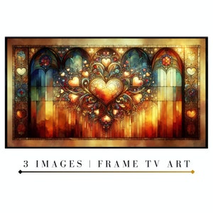 May include: A stained glass window with a large heart in the center. The heart is surrounded by smaller hearts and intricate designs. The window is framed in gold and has a warm, golden glow.