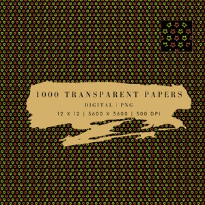 May include: A digital paper pack with 1000 seamless patterns featuring a repeating pattern of red and yellow stars on a black background. The text "1000 TRANSPARENT PAPERS DIGITAL | PNG 12 X 12 | 3600 X 3600 | 300 DPI" is displayed on a brown brushstroke.