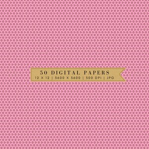 May include: Pink digital paper with a repeating pattern of small stars and triangles. The image includes a banner that reads "50 DIGITAL PAPERS" and specifies dimensions of 12 x 12 inches and a resolution of 3600 x 3600 pixels.