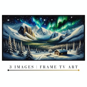 May include: A digital painting of a snowy mountain landscape with a small cabin in the foreground. The sky is filled with green and blue aurora borealis.