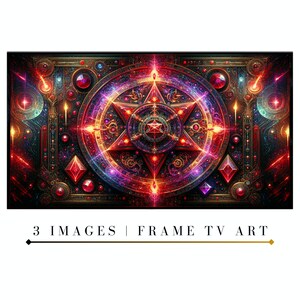 Puede incluir: Una impresión de arte digital abstracta y colorida con un diseño de estrella en forma de explosión en tonos de rojo, naranja, amarillo y morado. La explosión de estrellas está rodeada por un marco circular con detalles intrincados y un fondo dorado.