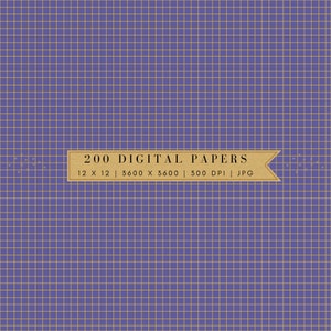 May include: A digital paper pack with 200 grid patterns. The grid is a light gold color on a purple background. The text "200 DIGITAL PAPERS" is on a brown banner.