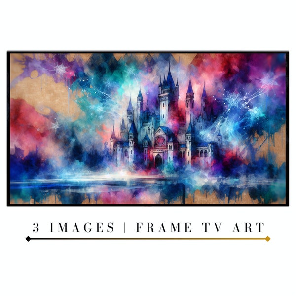 Samsung Frame TV Art | Fantasy Castle with White Stone Towers & Spires, Green Trees, Blooming Flowers, Deep Blue Sky, Clouds, Modern Art