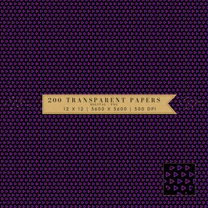 May include: A seamless pattern of small pink and purple triangles on a black background. The pattern is repeated throughout the image. The text "200 TRANSPARENT PAPERS" is displayed in a brown banner at the top of the image. The text "DIGITAL PNG" is displayed in a smaller brown banner below the first banner. The text "12 X 12 | 3600 X 3600 | 300 DPI" is displayed in a smaller brown banner below the second banner.