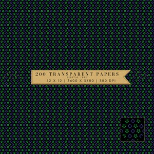 Op de afbeelding: Een naadloos patroon van groene en paarse sterren op een zwarte achtergrond. Het patroon wordt herhaald over de hele afbeelding. De tekst "200 TRANSPARENT PAPERS DIGITAL PNG 12 X 12 | 3600 X 3600 | 300 DPI" wordt weergegeven in een bruine banner bovenaan de afbeelding.