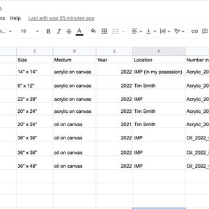 Inventory Sheet (Paintings, Antiques, Collectables, Supplies, etc.) Downloadable and Editable!
