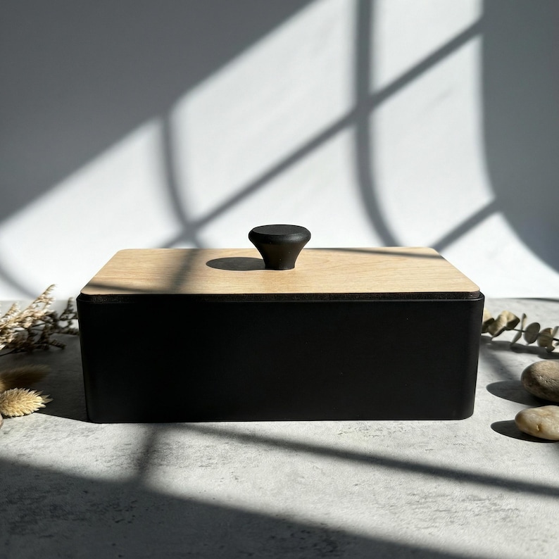 Charcoal vanity organizer with a maple lid and charcoal handle