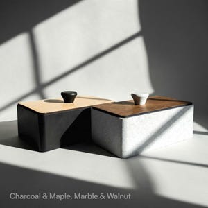 charcoal bathroom organizer with maple wood lid and marble vanity container with walnut wood lid