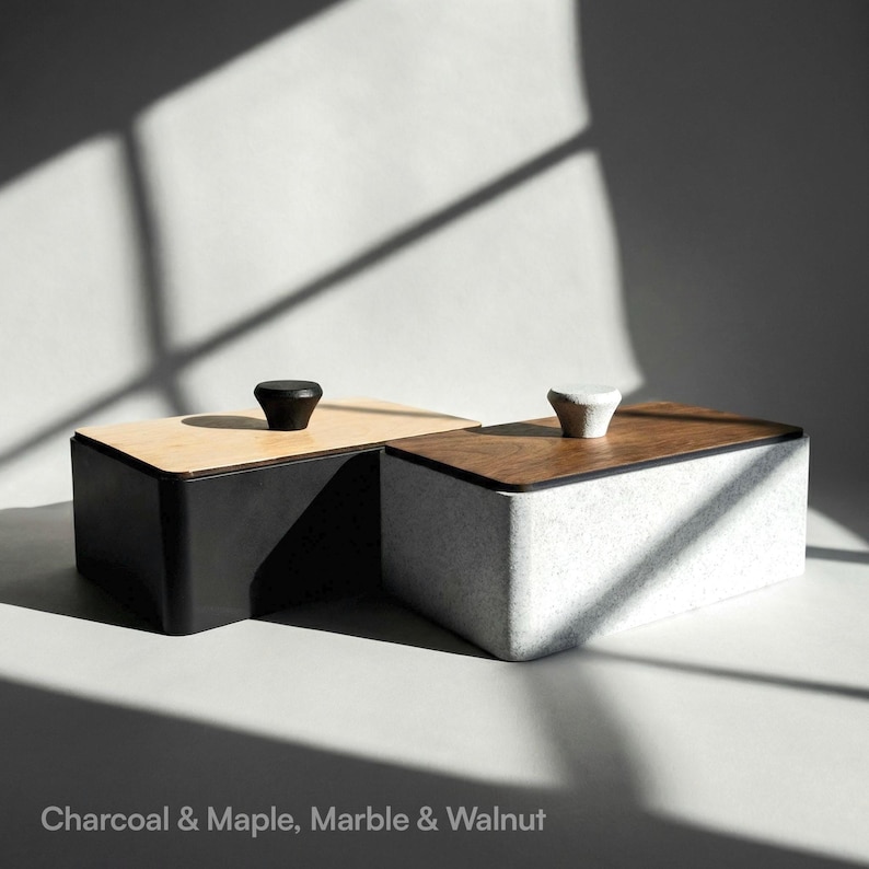 charcoal bathroom organizer with maple wood lid and marble vanity container with walnut wood lid