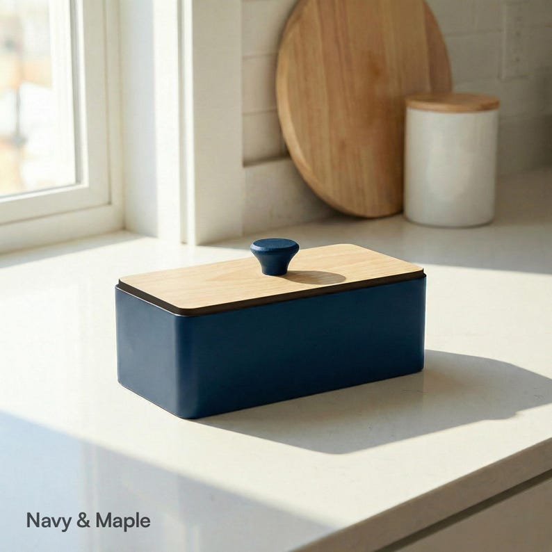 navy blue countertop organizer with maple wood lid