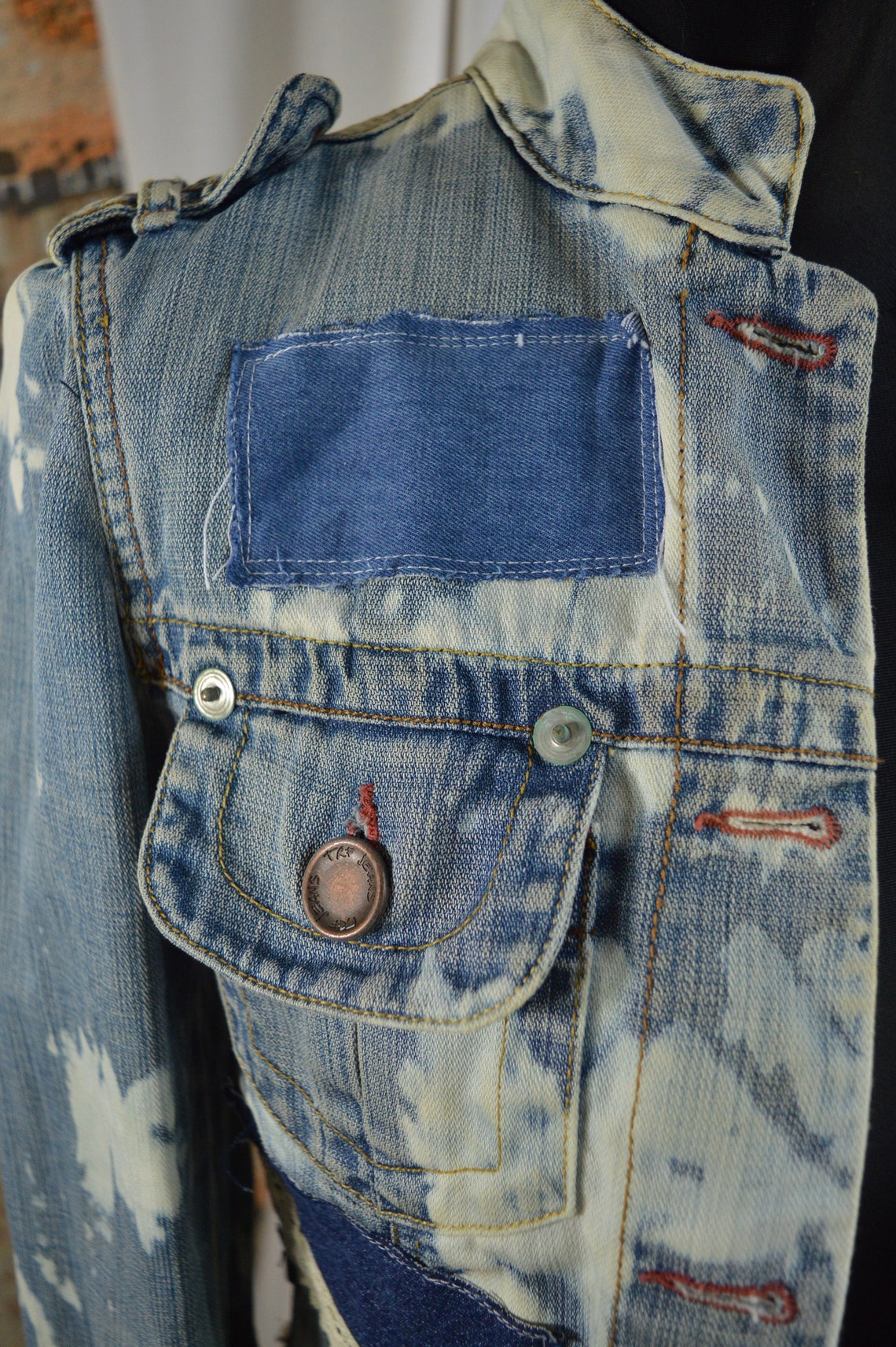 Unique Reworked Jeans Jacket Patches Upcycled Romantic Shabby Hippie