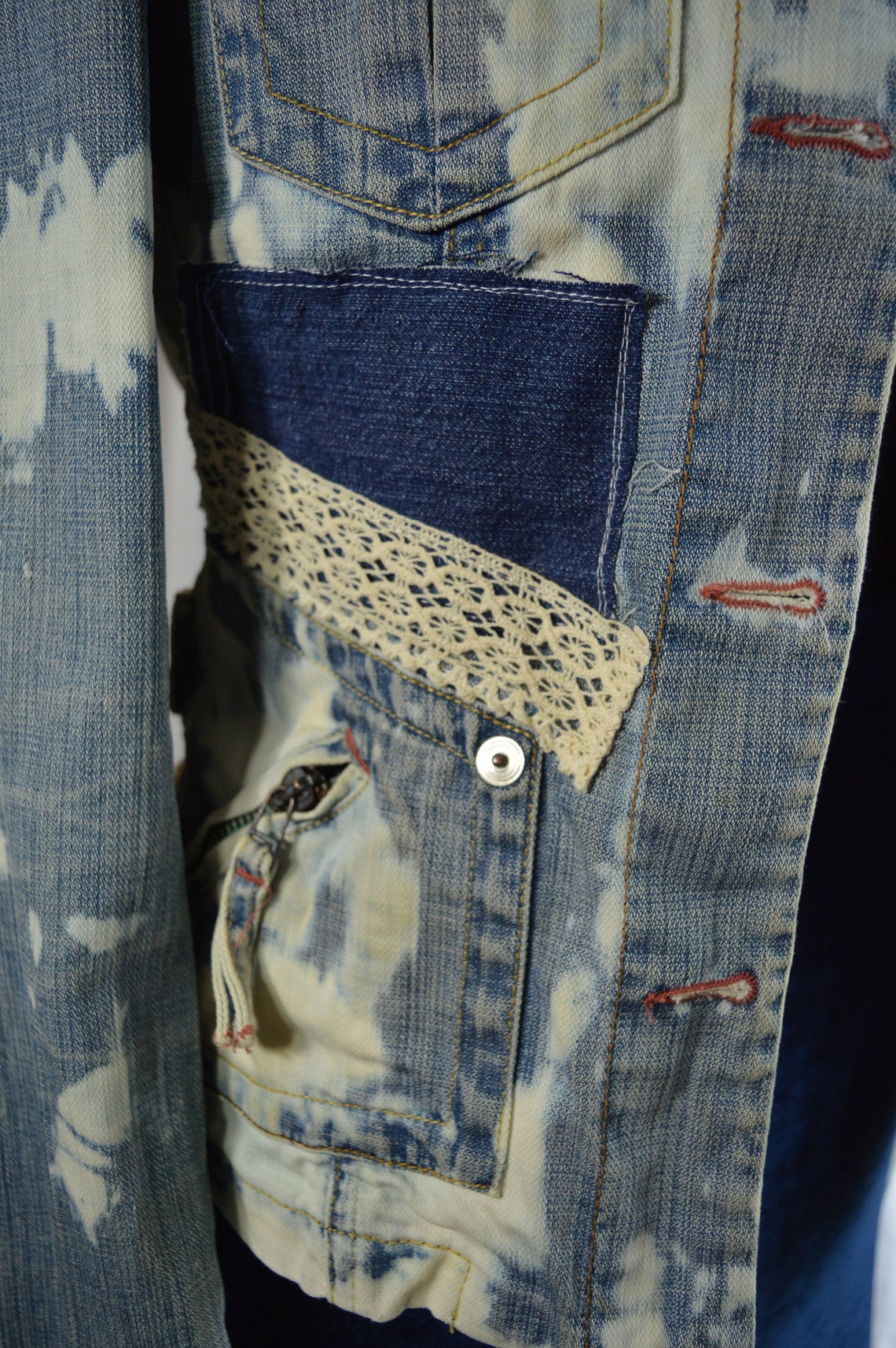 Unique Reworked Jeans Jacket Patches Upcycled Romantic Shabby Hippie