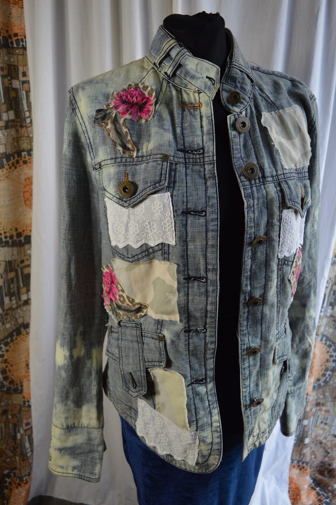 Unique Reworked Jeans Jacket Patches Upcycled Romantic Shabby Hippie ...