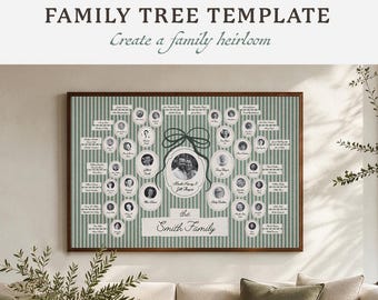 May include: An editable family tree template in Canva featuring a green and white striped background. The design includes oval frames for photographs, connecting lines, and a central oval with a bow. The text reads "The Smith Family".