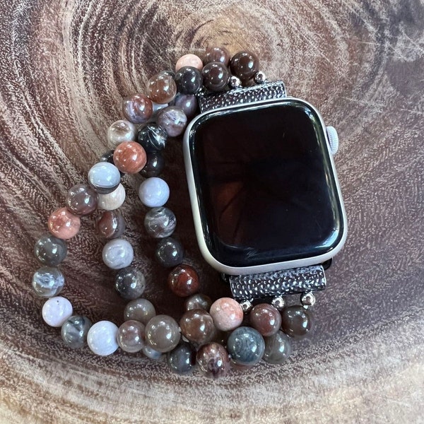 Petrified jasper Apple watch band. Made of natural stone/crystal beads, stainless steel connectors and accent beads.