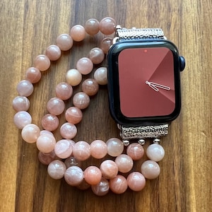 Peach Moonstone Apple watch band. Made of natural stone/crystal beads, stainless steel connectors and accent beads.
