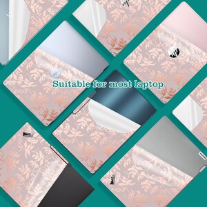 May include: Laptop skins with a floral design in rose gold and light pink. The skins are shown on various laptop brands, including Dell, HP, and Lenovo. The text "Suitable for most laptop" is visible.