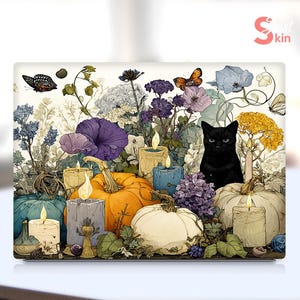 May include: A laptop skin with a decorative illustration of a black cat surrounded by pumpkins, candles, and flowers. The design incorporates butterflies and various blooms in purple, blue, orange, and white, evoking a seasonal, autumnal theme.