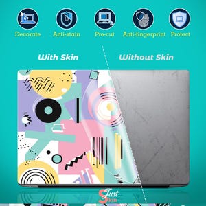 May include: Laptop skin with a colorful geometric design in pastel shades of pink, blue, yellow, and purple. The skin is shown applied to a laptop, with the text "With Skin" and "Without Skin" displayed. The skin is pre-cut and anti-fingerprint.